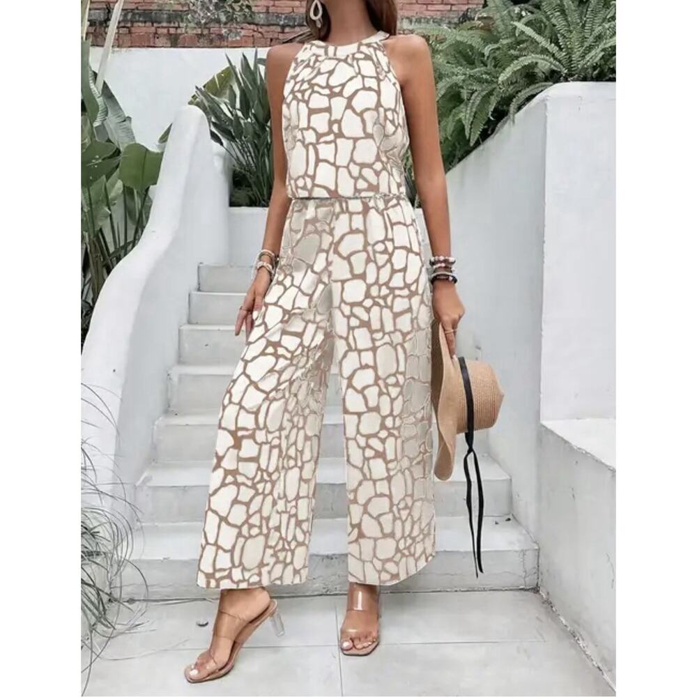 SHEIN 2 piece pants outfit geometric giraffe print wide leg size 8/10